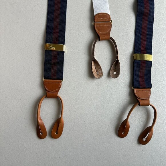 Brooks Brothers Mens Navy Maroon Stripe Adjustable Button Suspender Silk Leather - Picture 7 of 8